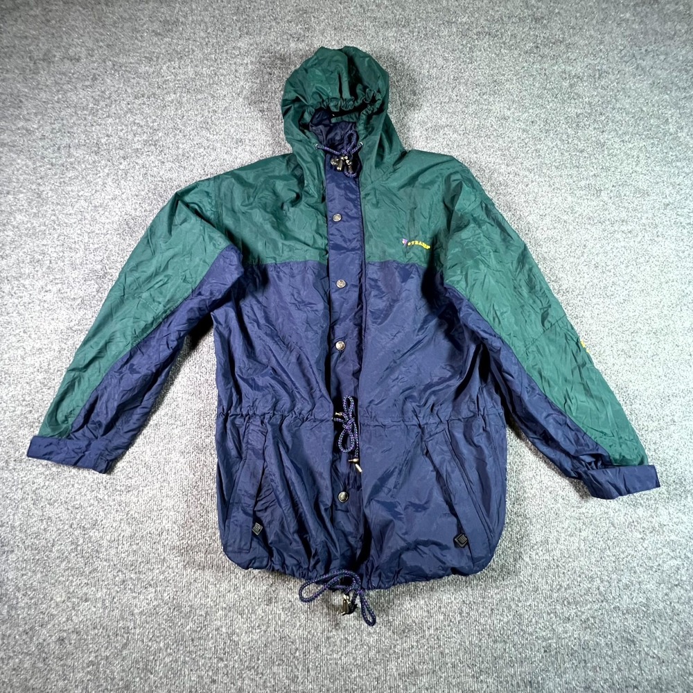 Vintage Stearns Dry Wear Rain Jacket Mens L Green Navy Hooded Gorpcore Outdoor